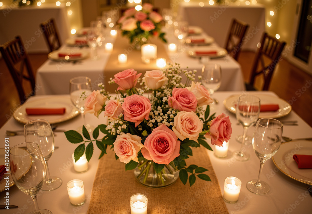 Obraz premium Elegant rose centerpiece on festive table, cozy celebration ambiance