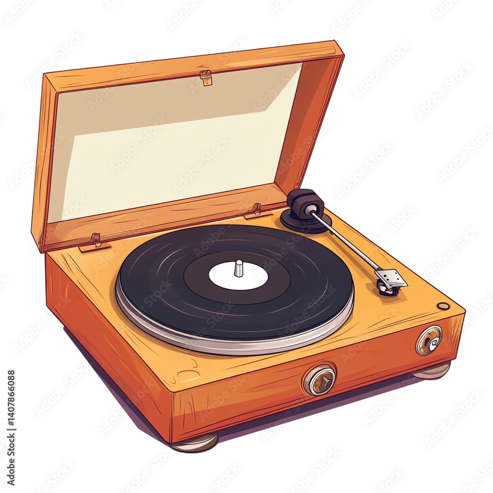 Vintage record player with lid open a vinyl record is on the turntable ready to play music