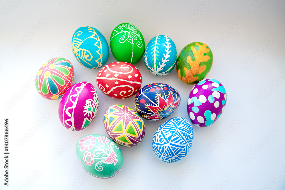 Painted eggs with different patterns on a white background Painted eggs with different patterns on a white background