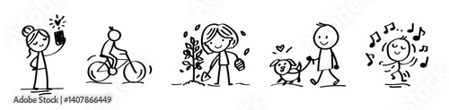 stick figures engaging in daily activities icon set, doodle childish vector illustrations