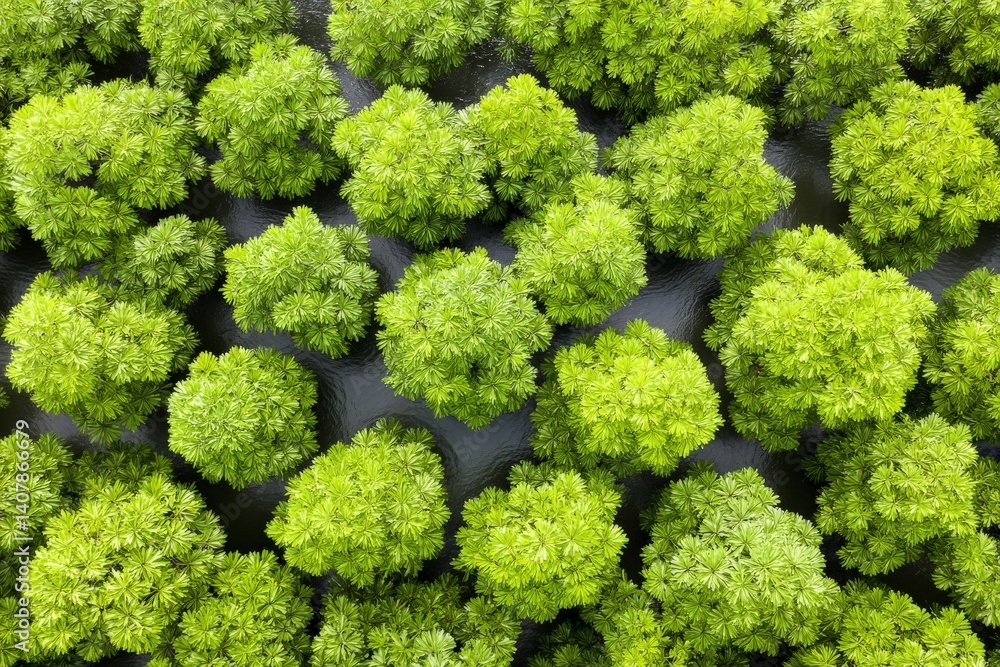 Lush green mangrove forest viewed from above showcases vibrant foliage and serene waterway in a tranquil natural habitat Lush green mangrove forest viewed from above showcases vibrant foliage and serene waterway in a tranquil natural habitat
