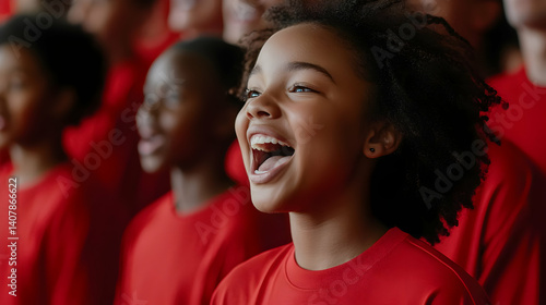 Joyful Young Girl Singing with Open Mouth in Red Clothing on a Red Background