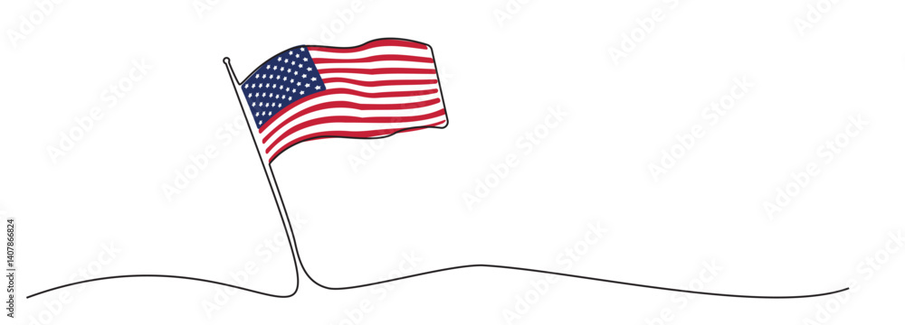 Single line American flag, one line USA symbol, blue, red and white national emblem