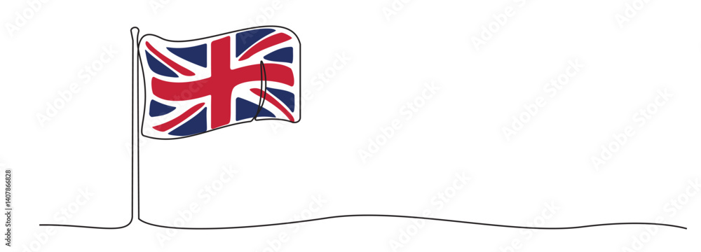 Single line English flag, one line Great Britain symbol, red, blue and white national emblem