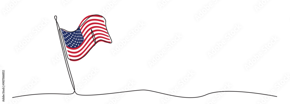 Single line American flag, one line USA symbol, blue, red and white national emblem