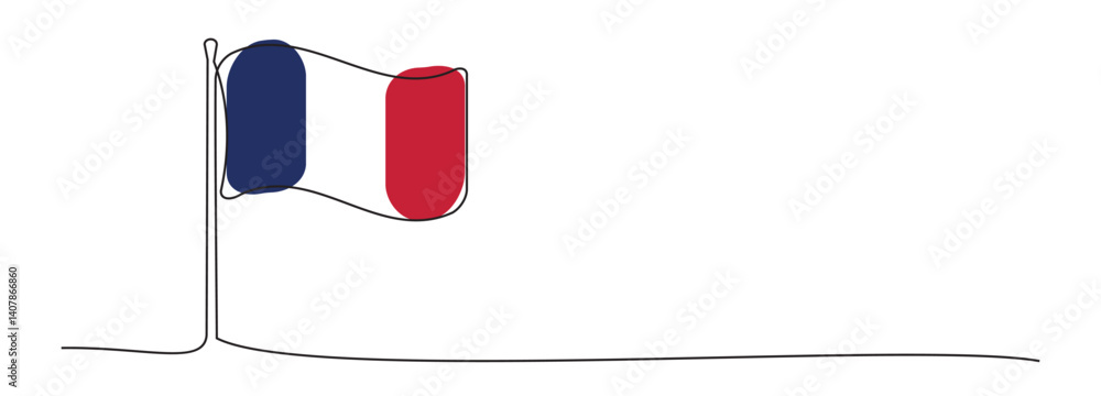 Single line French flag, one line France symbol, blue, red and white national emblem