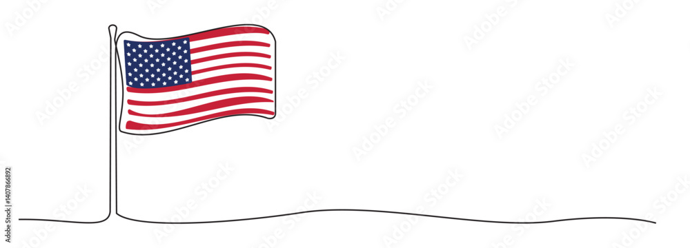 Single line American flag, one line USA symbol, blue, red and white national emblem