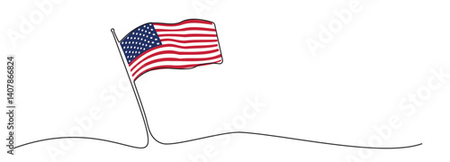 Single line American flag, one line USA symbol, blue, red and white national emblem