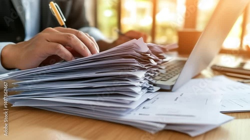 Busy professional working on paperwork and laptop in office, analyzing documents