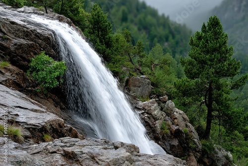 A stunning waterfall flows over rugged rocks, surrounded by lush greenery, creating a tranquil and picturesque landscape ideal for nature enthusiasts and photographers.