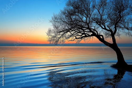 Water Tree. Beautiful Sunset on Sea with Silhouette of Tree and Reflection