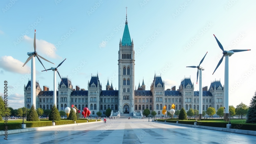 Obraz premium Harmony between wind power generation and ancient buildings