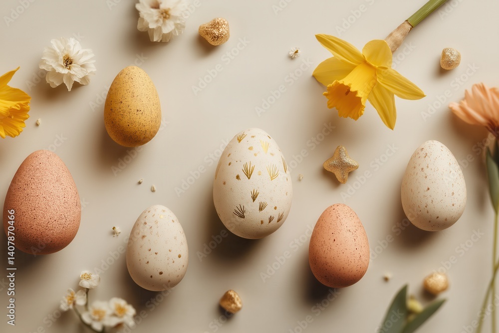 Obraz premium Stylish Easter eggs with golden speckles and spring flowers on neutral background – minimal and elegant holiday composition