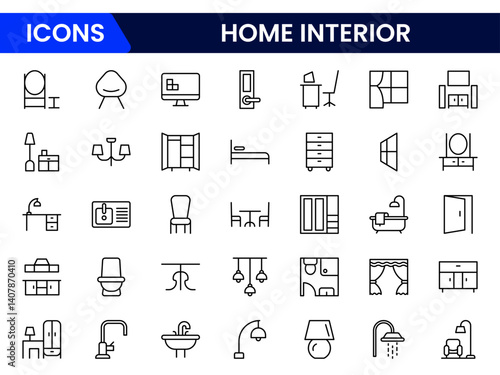 Minimalist web line icon vector illustration of home interior elements including furniture, décor, and layout—ideal for real estate, architecture, or interior design themed visuals.