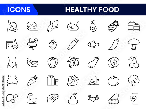 Web line icon vector illustration representing nutrition essentials—includes healthy food, diet plans, vitamins, and balanced meals. Ideal for wellness, healthcare, and lifestyle content creation.