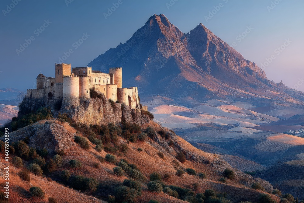 Majestic castle on a hilltop with mountains in the background during golden hour in a serene landscape Majestic castle on a hilltop with mountains in the background during golden hour in a serene landscape