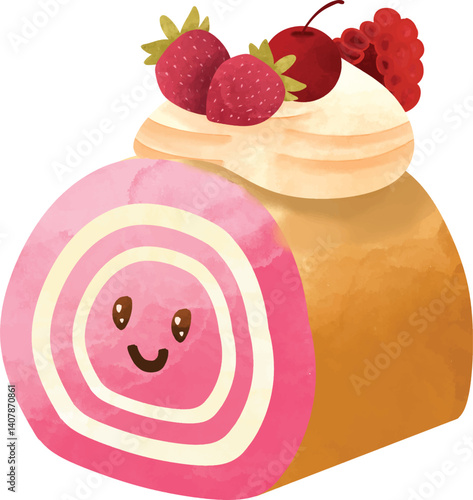  roll cake, strawberry flavor, vector illustration of swiss roll cake, Swiss roll, vector clip art illustration.