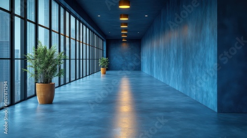 blue office corridor concrete floor loft style windows continuous ceiling lights business,financial design theme spacious interior concept ai generative,stock photo
