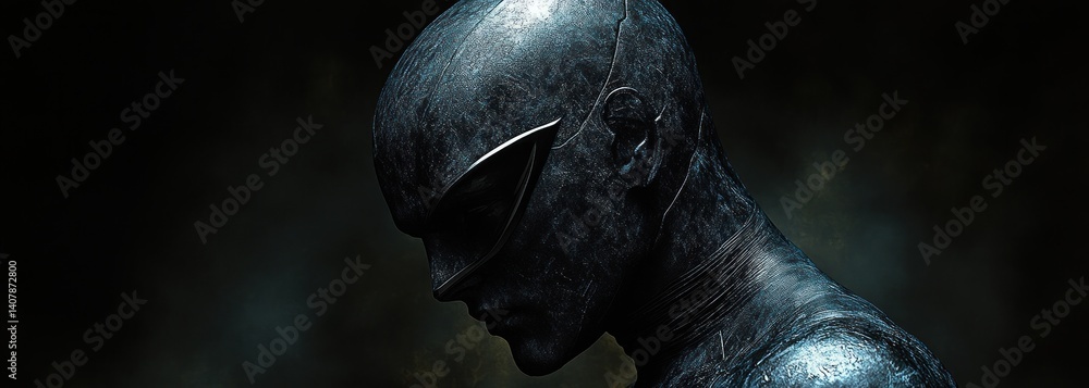 Naklejka premium Mysterious Figure in Helmet Chiaroscuro Close-Up Noir Art Portrait Toy Model Character Collection