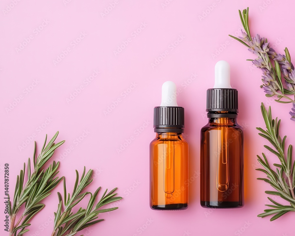 Serums and essential oils placed with precision on a matte blushpink surface, graceful symmetry Serums and essential oils placed with precision on a matte blushpink surface, graceful symmetry
