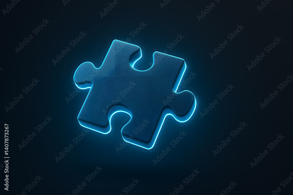 Blue Puzzle Piece Symbol of Autism Awareness on Dark Background with Glowing Neon Light, 3D Render Concept
