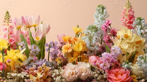 Wallpaper Mural Easter decoration chick ornaments festive banners. Exquisite Garden Delight Floral Arrangement of Blooming Flowers in Pastel Hues for Joyful Springtime. Torontodigital.ca