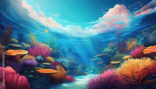 Fototapeta Naklejka Na Ścianę i Meble -  Vibrant Coral Reef Ecosystem Animeinspired Nature Background Wallpaper showcasing a Breathtaking Underwater Rainbow Symphony in the Mesmerizing Ocean Depths