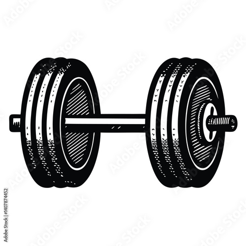 Vintage Ink Drawing of a Barbell with Weight Plates