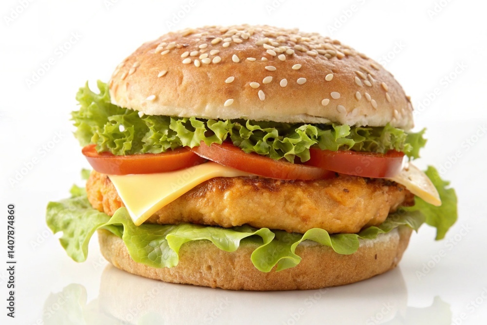 Juicy Chicken Sandwich: Melted Cheese, Crispy Sesame Bun, Fresh Ingredients. Studio shot, vibrant colors, mouthwatering detail, perfect for restaurant menus, food blogs, and Juicy Chicken Sandwich: Melted Cheese, Crispy Sesame Bun, Fresh Ingredients. Studio shot, vibrant colors, mouthwatering detail, perfect for restaurant menus, food blogs, and