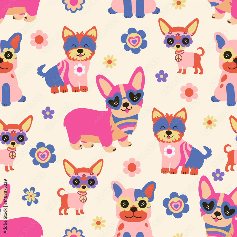 seamless pattern with groovy Dog, flowers, seamless pattern with groovy Dog, flowers,