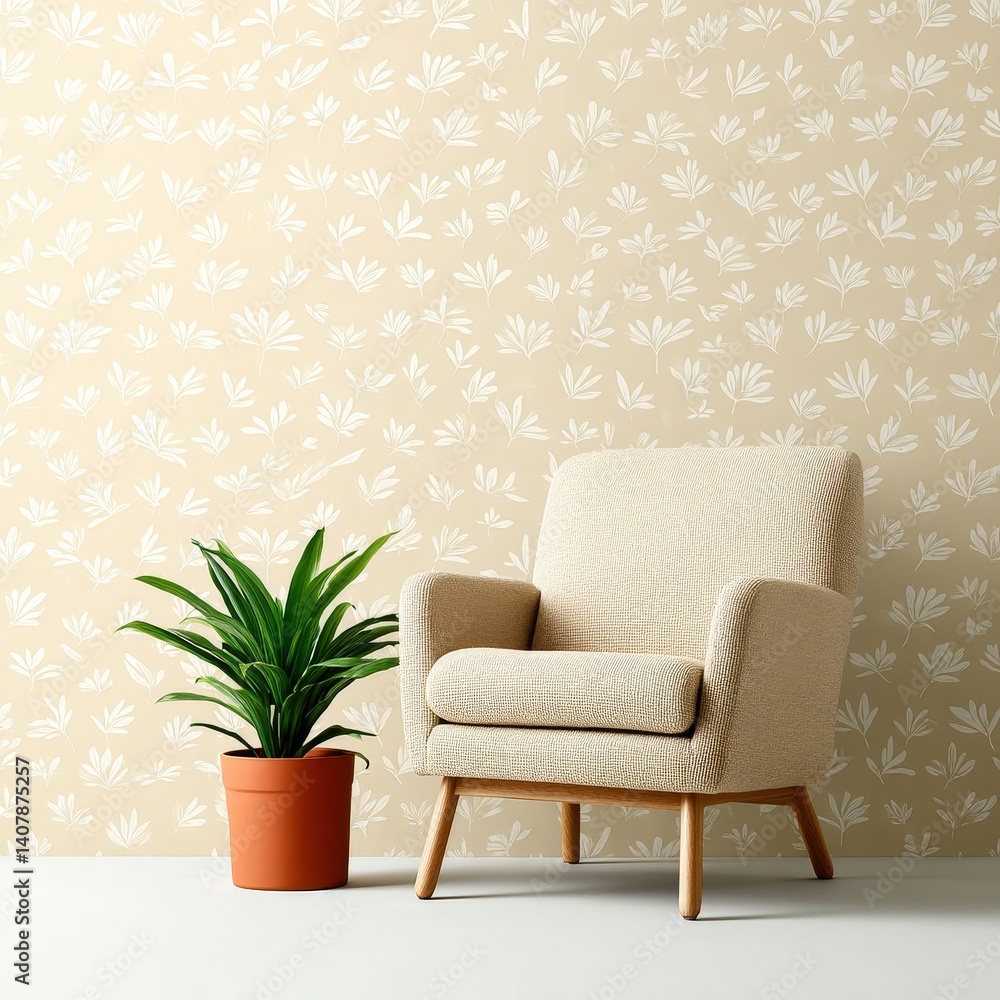 Floral line art wallpaper in beige and ivory tones, minimalist home decor style