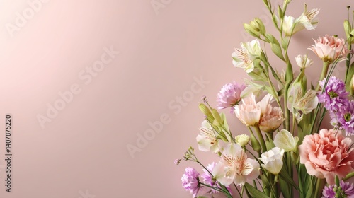 Easter decoration chick ornaments festive banners. Floral Display on Light Pink Background with Pink Carnations and Alstroemeria Bouquet Arrangement.