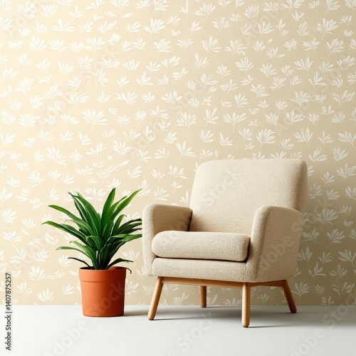 Obraz na płótnie Floral line art wallpaper in beige and ivory tones, minimalist home decor style w salonie
