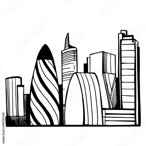 Hand-drawn skyscrapers of London. Cityscape background. Vector sketch illustration.