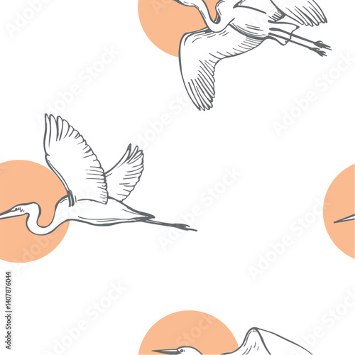 Hand-drawn Great egret (Ardea alba,  common egret). Vector seamless pattern. 
