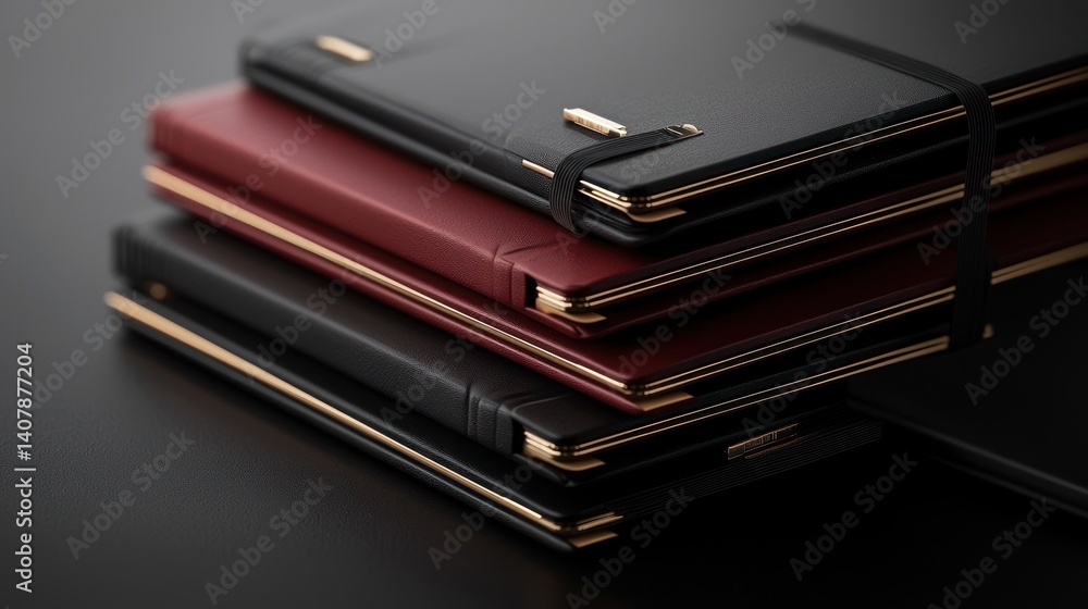 Stack of designer leather notebooks on dark surface Stack of designer leather notebooks on dark surface