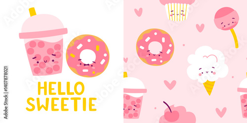 Cute pink pattern with sweets for baby girls. Seamless girly vector print with desserts.
