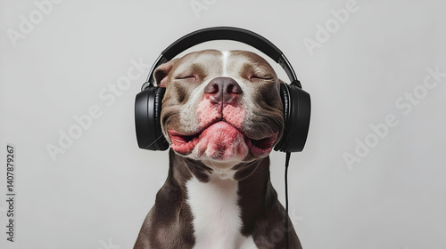 Happy Pit Bull Dog Listening To Music With Black Headphones Against A Simple Gray Studio Background