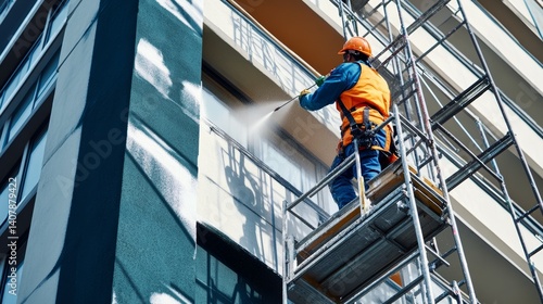 Fototapeta Naklejka Na Ścianę i Meble -  Painter spraying exterior paint on a tall building facade. Featuring speed and precision