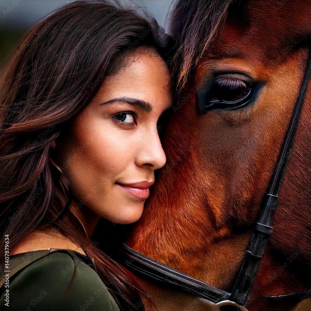 Generated imageClose-up portrait capturing the powerful emotional bond between a young woman and a horse.