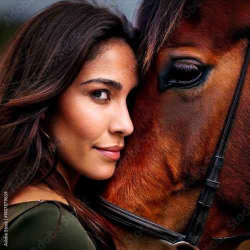 Obraz na płótnie Generated imageClose-up portrait capturing the powerful emotional bond between a young woman and a horse. w salonie