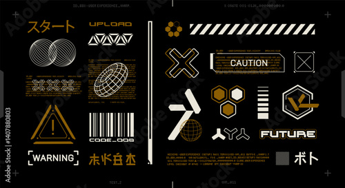 Futuristic digital elements in Cyberpunk style for t-shirt print design. Futuristic HUD elements with Japanese text inscription. 90s Retro futuristic background for silkscreen clothing
