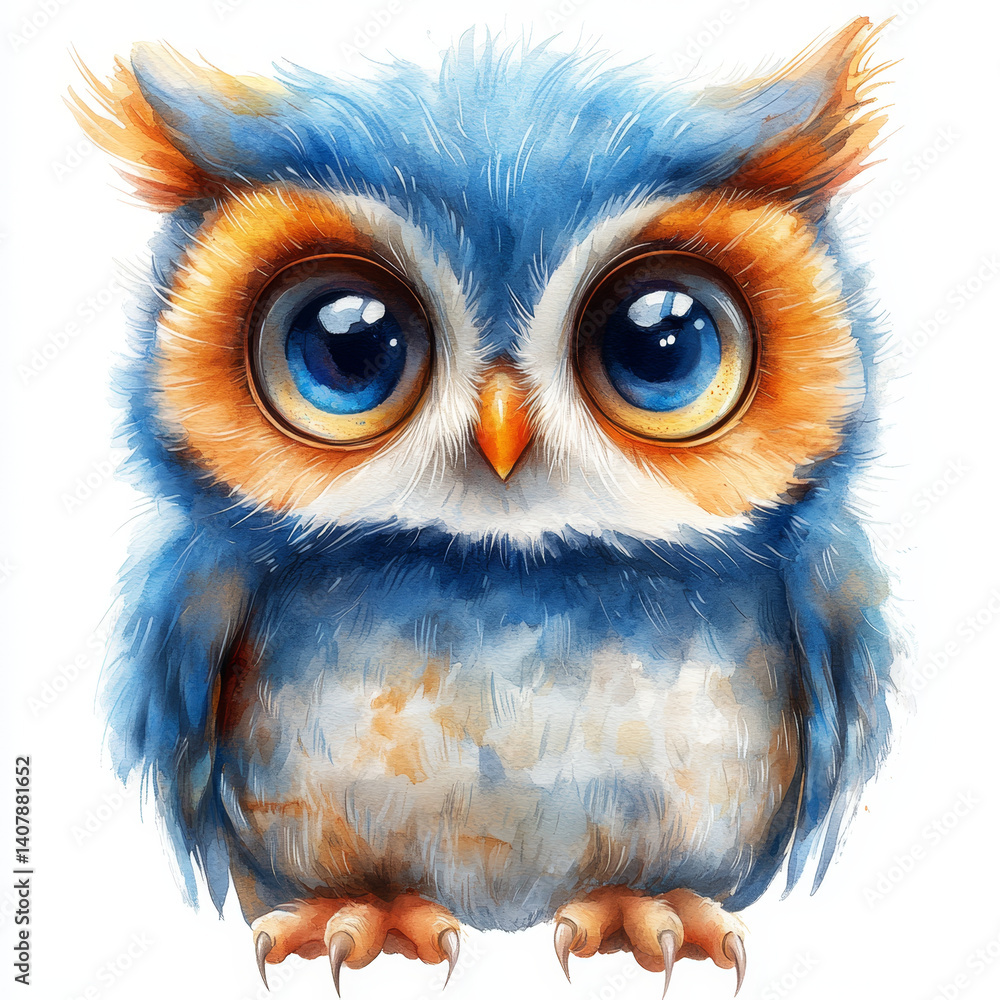 Obraz premium Cute baby owl with big eyes and colorful feathers