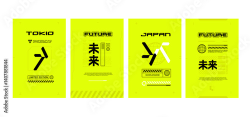 Futuristic Banners or Posters set  in Cyberpunk style. Vertical A4 Cyberpunk elements design with future and japan text on acid yellow background. Cyberpunk print design for covers and clothes prints