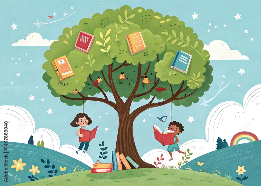 Naklejka premium Creative poster design dedicated to the International Children's Book Day. A bright green tree with children's books and notebooks growing on it