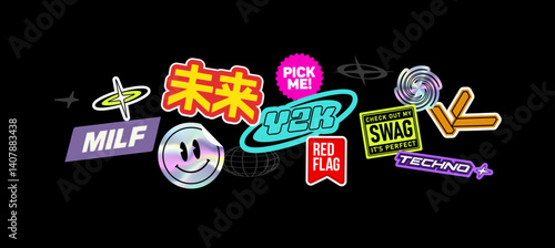 Perfect Y2k stickers pack 5 with logotypes and emblems concepts in cyberpunk style. Retro futuristic japanes holographics stickers set in Techno Rave style.  Aesthetic of Asian 90s - 2000s 
