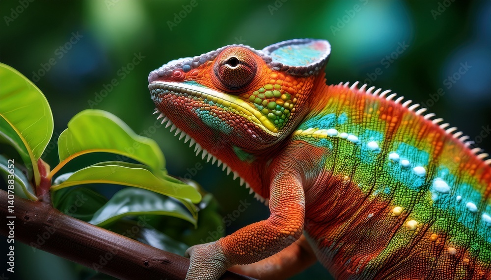 Fototapeta premium intriguing chameleon blending into vibrant foliage showcasing its colorful skin and unique patterns