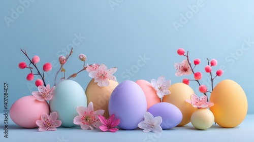 Easter decoration chick ornaments festive banners. Pastel Easter Eggs with Pink Blooms on Soft Blue Background for Celebration Decor and Festive Charm.