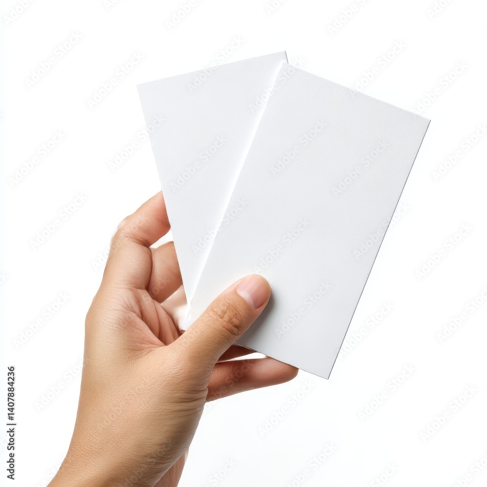 Fototapeta premium Hand holding two cards on white background