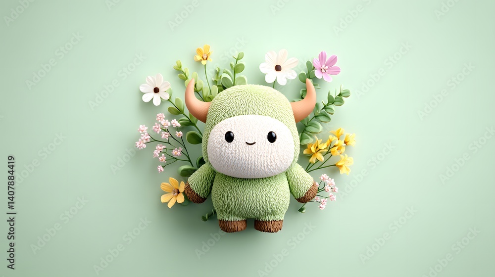 Fototapeta premium Cute cartoon taurus with flowers whimsical setting adorable design
